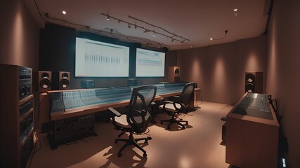 Photo of a modern recording studio with state-of-the-art sound equipment and a large screen for editing and mixing