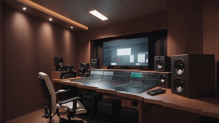 Photo of a state-of-the-art recording studio with professional sound equipment and a large screen for editing and playback