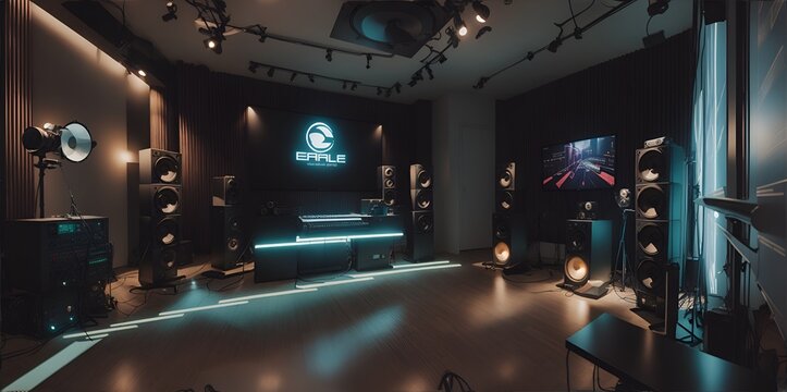 Photo of a spacious room with vibrant lighting and state-of-the-art sound system