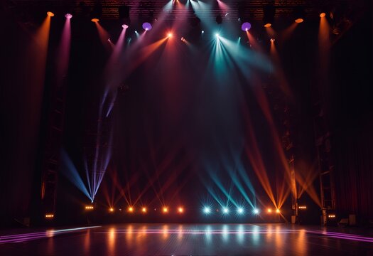 Photo of a stage with multiple spotlights illuminating the performance area