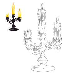 A candlestick made of a triple holder with candles in a contour style for coloring. Mini coloring book, selection of colors. Candles for divination on holders. Coloring book. Silhouette of a candle
