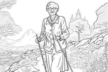 Grandma is engaged in Nordic walking. A black and white illustration.