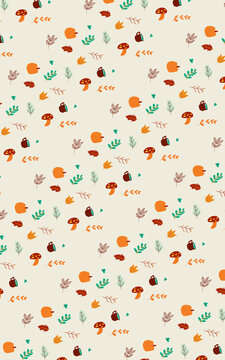 Warm autumn theme seamless background picture. Element of autumn. Falls season hand drawn decoration. Pastel background fully with leaves and autumn stuff.