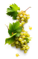 wine grape with real transperent shadow on transperent background; sweet white grapes and leaf