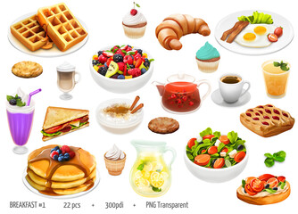 Breakfast Illustration Icons set, Breakfast food icon collection, Hand drawn digital graphics oil paint style icon pack