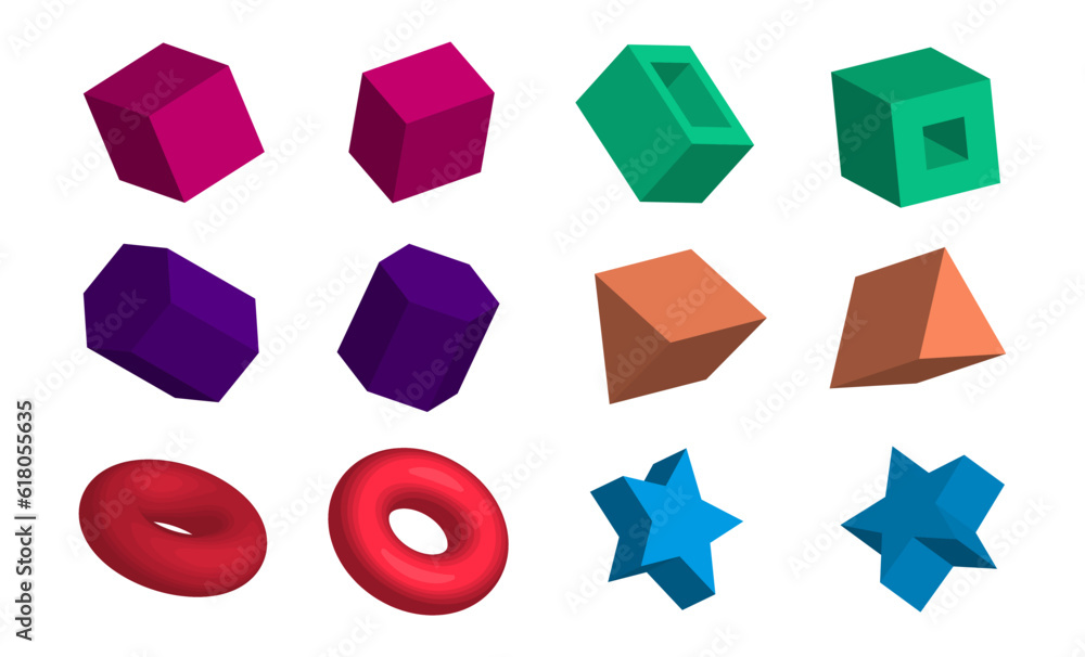 Poster set of 3d isometric shapes. collection of colorful geometric objects for use in graphic design. vect