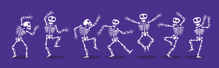 Skeletons dancing with different positions flat style design vector illustration set. Funny dancing Halloween or Day of the dead skeletons collection. Creepy, scary human bones characters silhouettes.