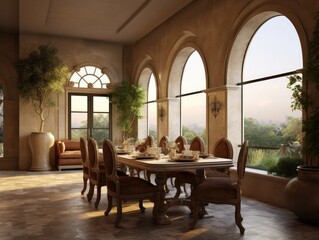 Wide angle view of dining room in Mediterranean style and dining sets, view outside through arched windows. Generative AI