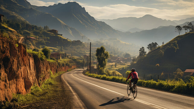 Professional Cyclist Wearing Red Shirt Riding His Bike On La Calera Colombia Highway With Mountain View In Evening