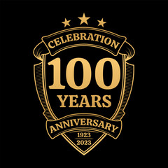 100 years anniversary icon or logo. 100th jubilee celebration, business company birthday badge or label. Vintage banner with shield and ribbon. Wedding, invitation design element. Vector illustration.