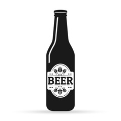 Beer bottle with label. Alcohol drink icon. Vector illustration.