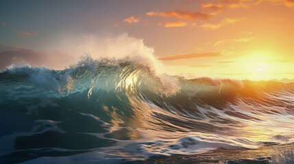 Beautiful high sea waves and beautiful sunlight, side view.