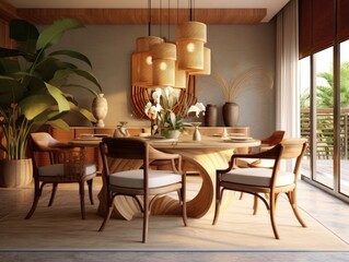 Wide-angle view of the dining room Interior of a chic and refined dining room and dining set with a dining table. Generative AI