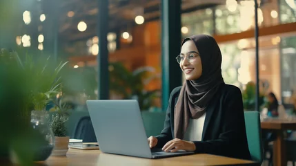 Papier Peint photo autocollant Dubai Middle Eastern Muslim woman wearing a hijab working on a laptop in a modern office or cafe on a video call