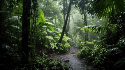 atmosphere of rain falling in a tropical forest