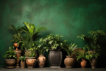 Plants in old pots, indoor garden and gardening hobby concept. Studio dark green background