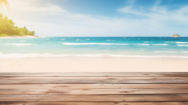 Product background for montage, empty wooden surface with blurred sea beach on the background