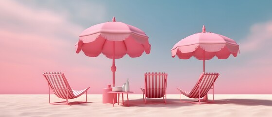 beach umbrellas and chairs with sky background. pink tone. generative ai