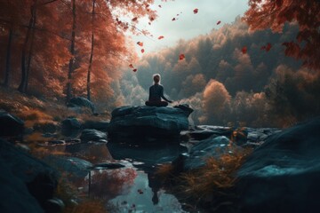 Naklejka na ściany i meble a person practicing yoga in a serene natural setting. Created with generative AI technology.