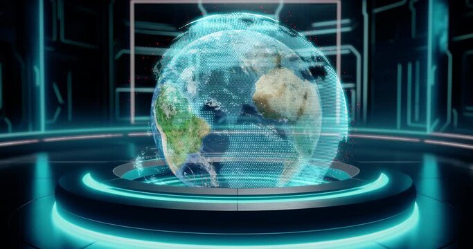Earth. Hologram of a rotating planet. Spinning dotted globe holographic projection