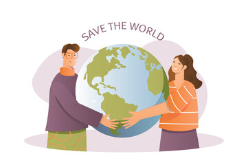 Earth day concept with people scene in the flat cartoon design. A young couple cares about the planet. Vector illustration.