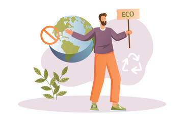 Fototapeta na wymiar Earth day concept with people scene in the flat cartoon design. A man rallies and promotes eco ideas. Vector illustration.