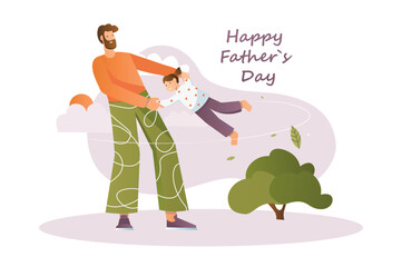 Fathers day concept with people scene in the flat cartoon style. Dad having fun with his daughter. Vector illustration.