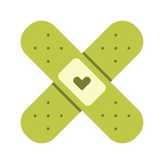 Flat cute illustration of band aid with a heart in doodle style. Medical bandage icon. .