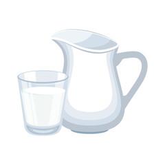 Milk pitcher jug and glass of milk icon set vector illustration. White porcelain jug and glass of milk icon set vector isolated on a white background