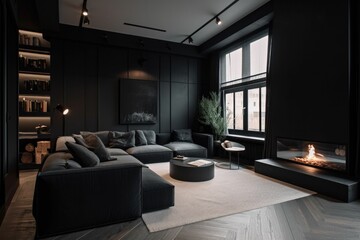 AI generated illustration of a beautiful dark contemporary modern living room with a stylish sofa