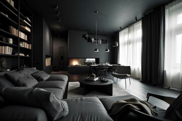 AI generated illustration of a beautiful dark contemporary modern living room with a stylish sofa