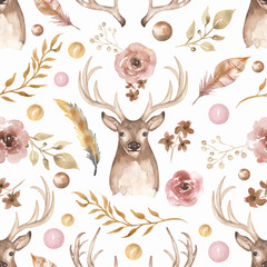 Fototapeta premium Watercolor delicate pink flower and forest deer background. Modern seamless pattern with leaves, flowers, feathers, beads and deer animal. Hand Drawn textures. Trendy Design .