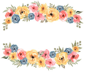 Beautiful watercolor border with peony and golden frame, flower bouquet, foliage clipart, Hand painted lovely floral illustration. Garden petal clip art