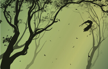 Vector landscape with a flying owl - 618059042
