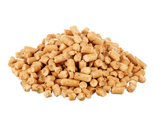 Pressed pellets of wood sawdust for a cat's toilet, piled up, isolated on a white background. Eco-friendly biodegradable product. - 618059263