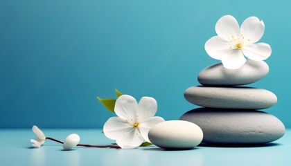 Fototapeta na wymiar spa background. relaxation composition stones and white flower on a light blue background
