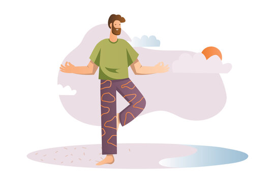 Yoga concept with people scene in the flat cartoon design. A man practices yoga to maintain his mental health. Vector illustration.