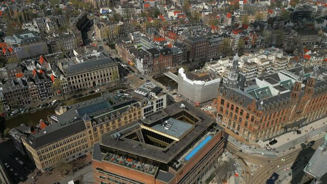 Aerial view of the historic center of Amsterdam showing typical and beautiful buildings. Serpentine roads and paths. The drone captures the expansive green zone. High quality 4k footage.