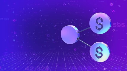 a coin sign on a molecule, information about cyberspace in the form of a grid, a 3d holographic metal sign. 3D rendering of a horizontal symbol.