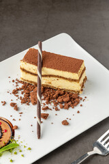 Tiramisu served with chocolate on a white porcelain plate