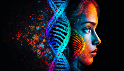 Concept of biochemistry with dna molecule, Human face, DNA on dark background. Ai generated