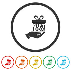 Gift box in hand icon. Set icons in color circle buttons