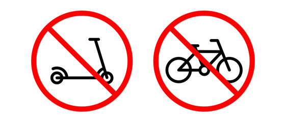No bicycle, no scooter vector icons set. Red prohibition sign with a bicycle and electric scooter