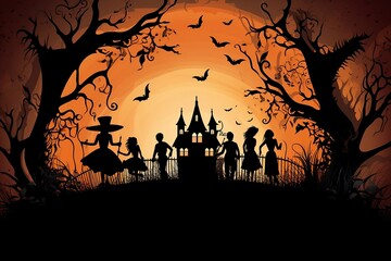 halloween witch  background with pumpkins and bats