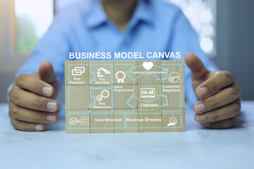 Business owner  stack wooden block to the business model canvas or BMC tools before investing or...