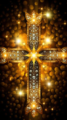 gold and diamond cross shining light created with Generative AI 