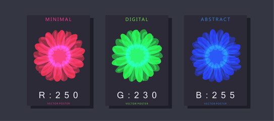 Red, green and blue flowers on a black background. Stylized abstract flower buds with neon glow effect. Vector template