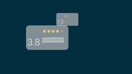 Customer reviews on website, customer feedback. Floating reviews animation with rating and stars.