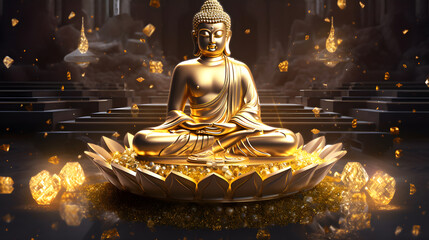 Golden buddha statue in the temple created with Generative AI 