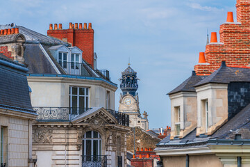 Nantes cityscape in France with the bell tower of the church of the holy cross